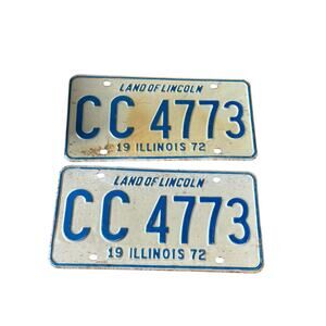 Vintage 1972 Illinois License Plates Pair CC 4773 Land of Lincoln ALPCA Retro